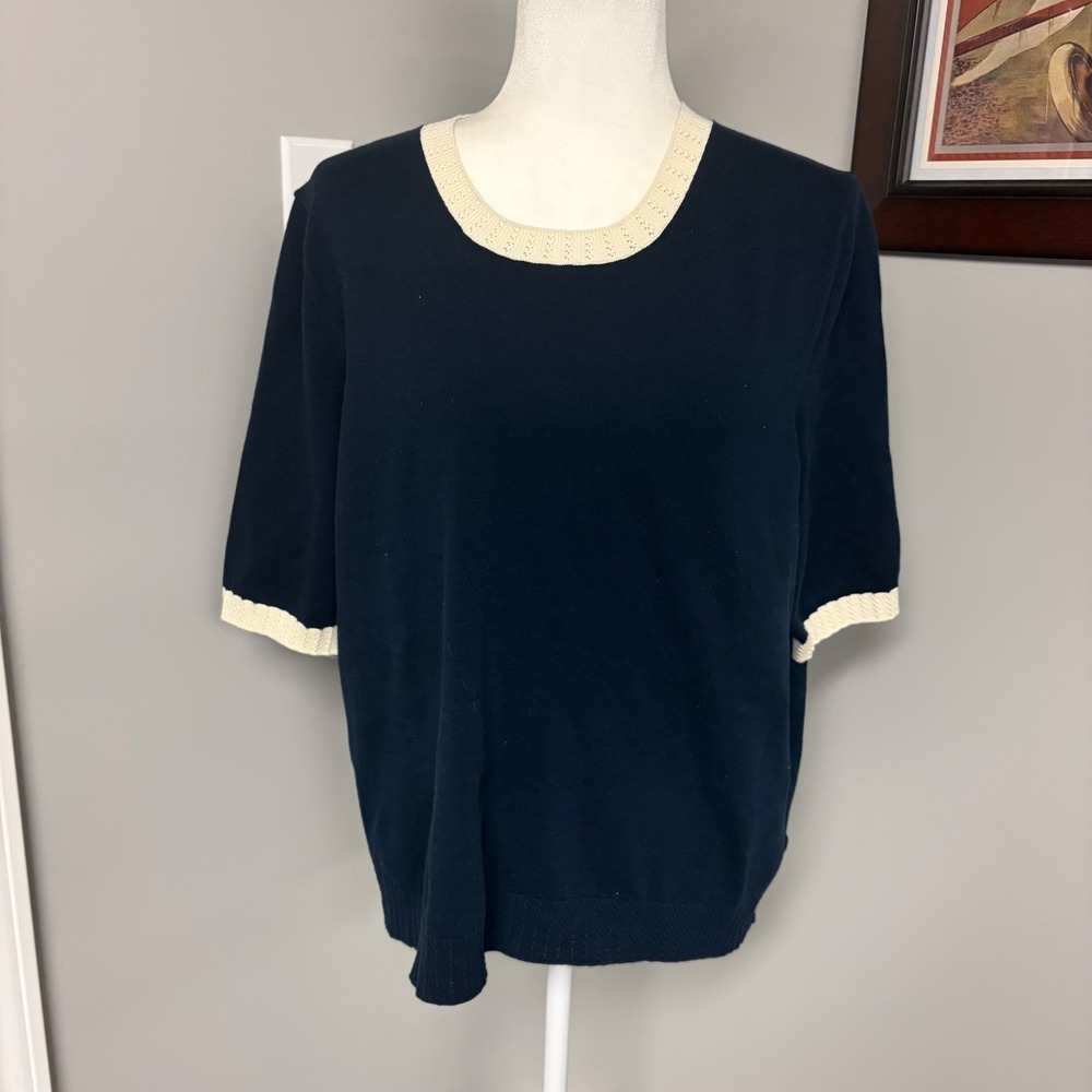 Boden Navy Blue Short Sleeve Cotton Blend Pointelle Trim Knit Sweater XL